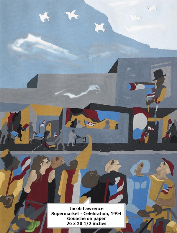 click to enlarge- double click to reduce Jacob Lawrence
Supermarket - Celebration, 1994
Gouache on paper
26 x 20 1/2 inches