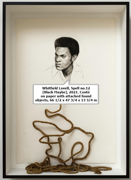 click to enlarge- double click to reduce Whitfield Lovell, Spell no.12 (Black Maybe), 2021. Conté on paper with attached found objects, 66 1/2 x 47 3/4 x 13 3/4 in.