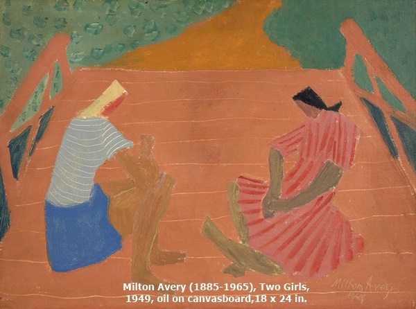click to enlarge- double click to reduce Milton Avery (1885-1965), Two Girls, 1949, oil on canvasboard,18 x 24 in. /></div><br>
<div style=