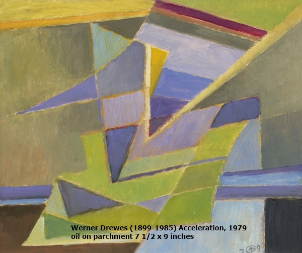 click to enlarge- double click to reduce Werner Drewes (1899-1985) Acceleration, 1979
oil on parchment 7 1/2 x 9 inches