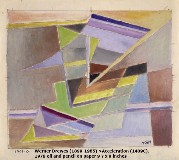 click to enlarge- double click to reduce Werner Drewes (1899-1985) >Acceleration (1409C),
1979 oil and pencil on paper 9 ? x 9 inches