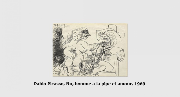 click to enlarge- double click to reduce Pablo Picasso, Nu, homme a la pipe et amour, 1969