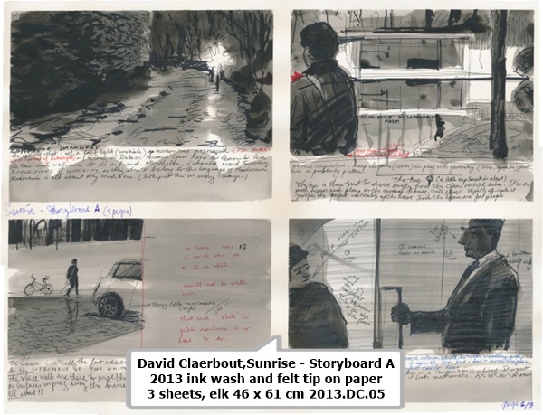 David Claerbout,Sunrise - Storyboard A
2013
ink wash and felt tip on paper
3 sheets, elk 46 x 61 cm
2013.DC.05