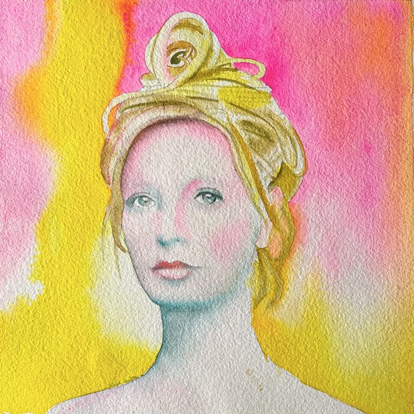 click to enlarge- double click to reduce Marcello Jori, Variante del disegno realizzato per il 45 giri di Patty Pravo PER UNA BAMBOLA/VIAGGIO, 1984, tecnica mista su carta, 33,5x34,5 cm