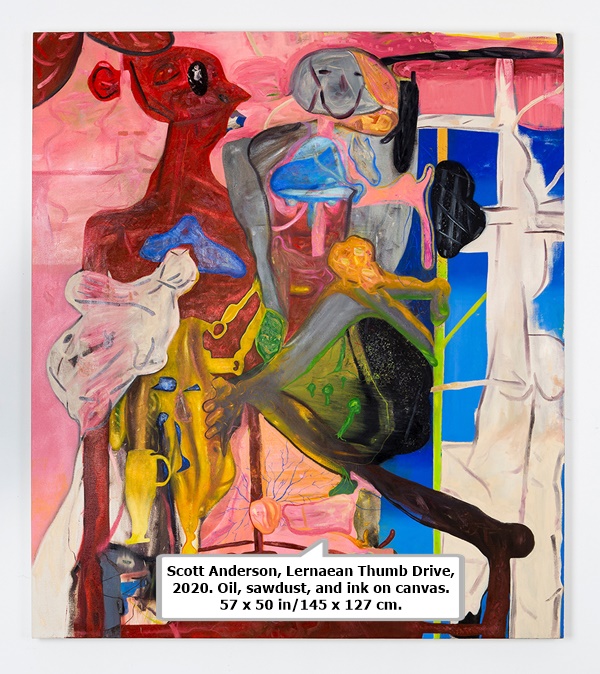 click to enlarge- double click to reduce Scott Anderson, Lernaean Thumb Drive,
2020. Oil, sawdust, and ink on canvas.
57 x 50 in/145 x 127 cm.