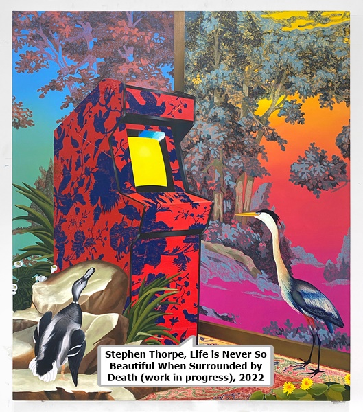 click to enlarge- double click to reduce Stephen Thorpe, Life is Never So Beautiful When Surrounded by Death (work in progress), 2022.
Oil on canvas. 60 x 52 in/152 x 132 cm.