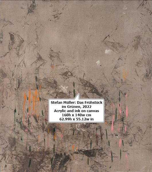 click to enlarge- double click to reduce Stefan Müller: Das Frühstück im Grünen, 2022
Acrylic and ink on canvas
160h x 140w cm
62.99h x 55.12w in