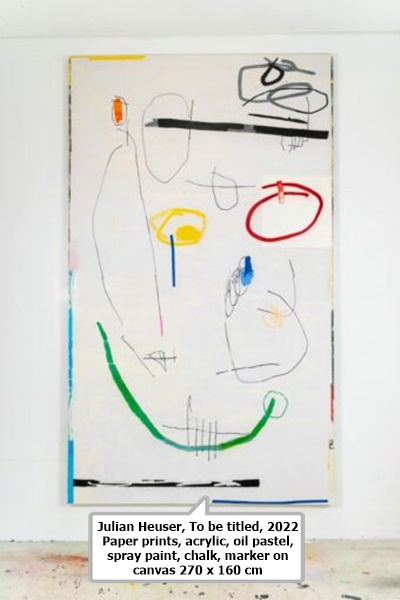 click to enlarge- double click to reduce Julian Heuser
To be titled, 2022
Paper prints, acrylic, oil pastel, spray paint, chalk, marker on canvas
270 x 160 cm