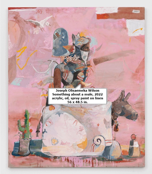click to enlarge- double click to reduce Joseph Olisaemeka Wilson
Something about a mule, 2022
acrylic, oil, spray paint on linen
56 x 48.5 in.