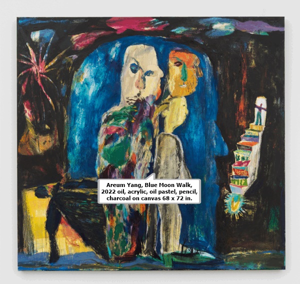 click to enlarge- double click to reduce Areum Yang
Blue Moon Walk, 2022
oil, acrylic, oil pastel, pencil, charcoal on canvas
68 x 72 in.