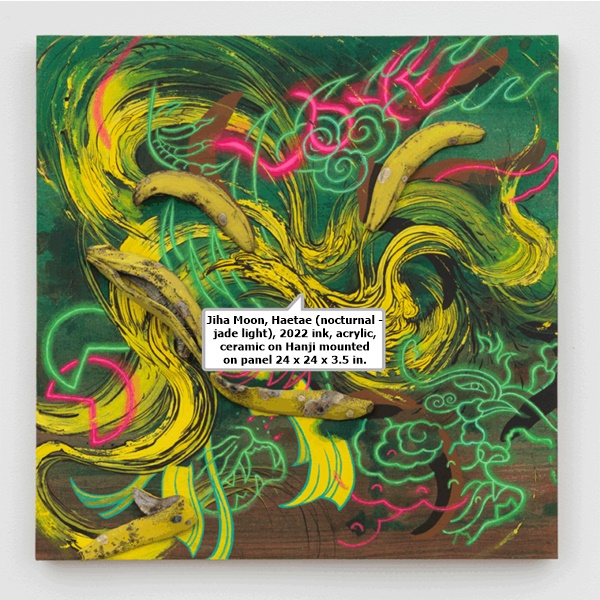 click to enlarge- double click to reduce Jiha Moon
Haetae (nocturnal - jade light), 2022
ink, acrylic, ceramic on Hanji mounted on panel
24 x 24 x 3.5 in.