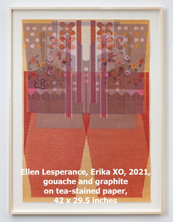 Ellen Lesperance, Erika XO, 2021, gouache and graphite on tea-stained paper, 42 x 29.5 inches