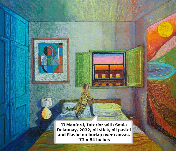 click to enlarge- double click to reduce JJ Manford, Interior with Sonia Delaunay, 2022, oil stick, oil pastel and Flashe on burlap over canvas, 72 x 84 inches