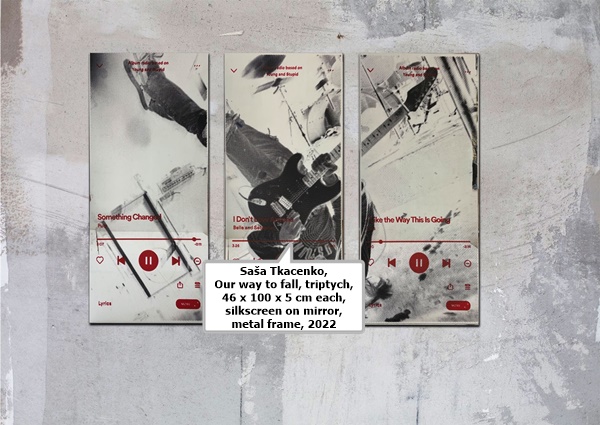click to enlarge- double click to reduce Saša Tkačenko, Our way to fall, triptych, 46 x 100 x 5 cm each, silkscreen on mirror, metal frame, 2022