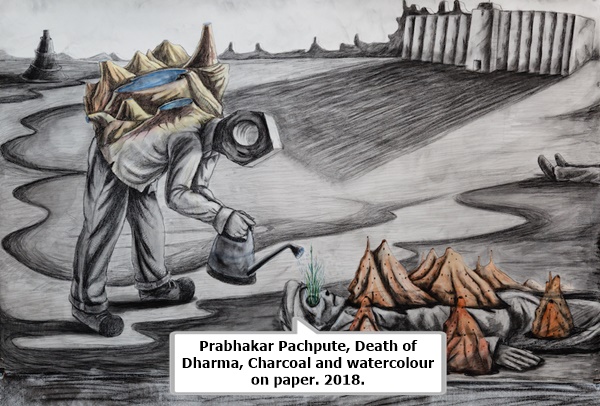 Prabhakar Pachpute, Death of Dharma, Charcoal and watercolour on paper. 2018.
