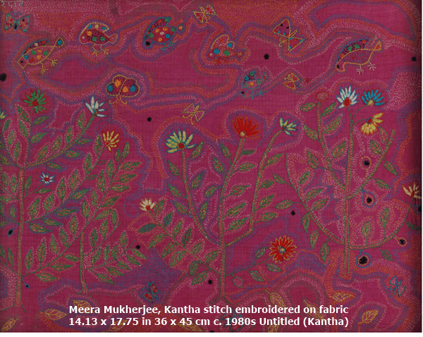 Meera Mukherjee
Kantha stitch embroidered on fabric
14.13 x 17.75 in
36 x 45 cm
c. 1980s
Untitled (Kantha)
