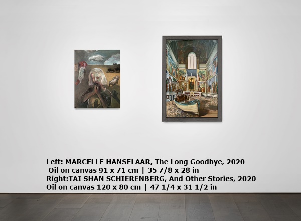 Left: MARCELLE HANSELAAR, The Long Goodbye, 2020
 Oil on canvas 91 x 71 cm | 35 7/8 x 28 in
Right:TAI SHAN SCHIERENBERG, And Other Stories, 2020
Oil on canvas 120 x 80 cm | 47 1/4 x 31 1/2 in