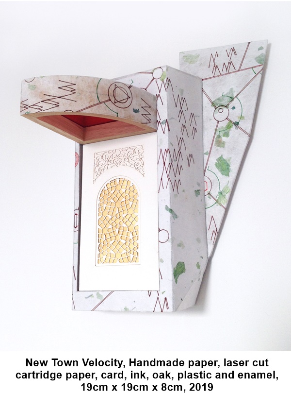 New Town Velocity, Handmade paper, laser cut cartridge paper, card, ink, oak, plastic and enamel, 19cm x 19cm x 8cm, 2019

 