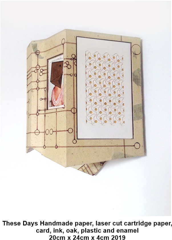 These Days
Handmade paper, laser cut cartridge paper, card, ink, oak, plastic and enamel
20cm x 24cm x 4cm
2019