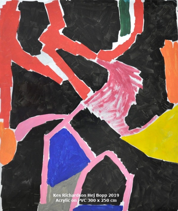 click to enlarge- double click to reduce Kes Richardson Hej Bopp
2019
Acrylic on PVC
300 x 250 cm
