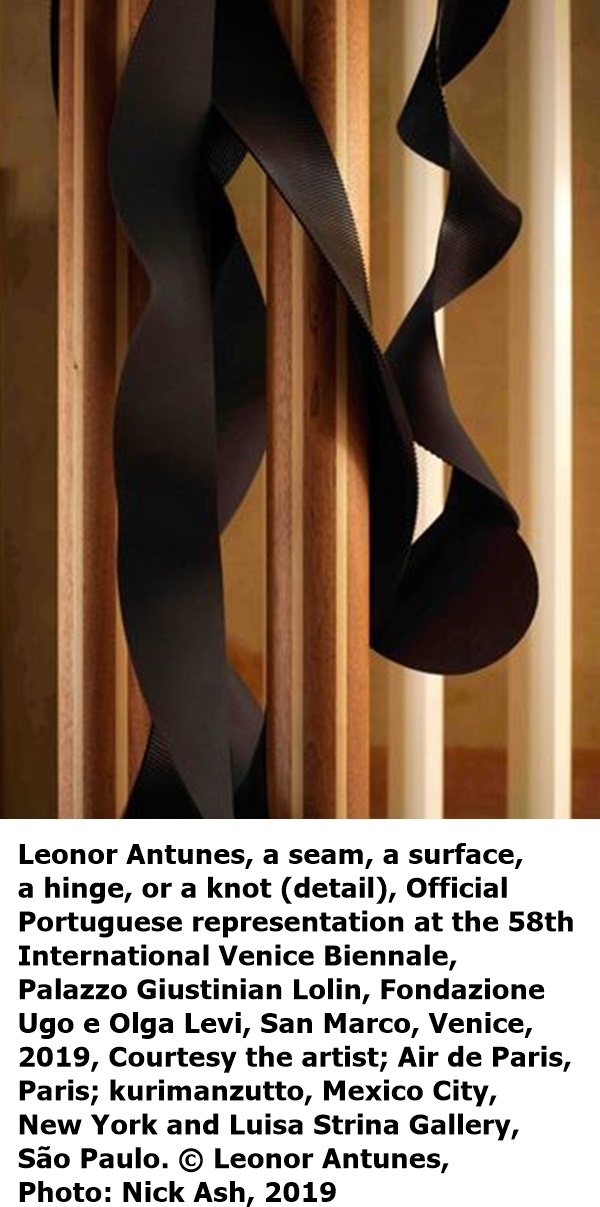 click to enlarge- double click to reduce Leonor Antunes, a seam, a surface,
a hinge, or a knot (detail), Official
Portuguese representation at the 58th
International Venice Biennale,
Palazzo Giustinian Lolin, Fondazione
Ugo e Olga Levi, San Marco, Venice,
2019, Courtesy the artist; Air de Paris,
Paris; kurimanzutto, Mexico City,
New York and Luisa Strina Gallery,
São Paulo. © Leonor Antunes,
Photo: Nick Ash, 2019