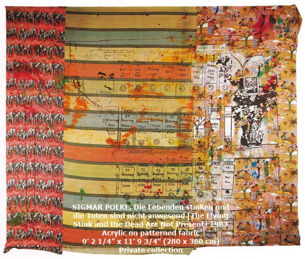 SIGMAR POLKE
Die Lebenden stinken und die Toten sind nicht anwesend [The Living Stink and the Dead Are Not Present]
1983
Acrylic on patterned fabric
9’ 2 1/4” x 11’ 9 3/4” (280 x 360 cm)
Private collection
