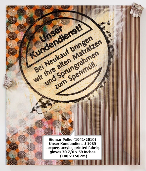 click to enlarge- double click to reduce Sigmar Polke (1941-2010)
Unser Kundendienst!
1985
lacquer, acrylic, printed fabric, gloves
70 7/8 x 59 inches
(180 x 150 cm)
