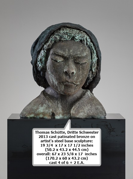 click to enlarge- double click to reduce Thomas Schütte
Dritte Schwester
2013
cast patinated bronze on artist's steel base
sculpture: 19 3/4 x 17 x 17 1/2 inches
(50.2 x 43.2 x 44.5 cm)
overall: 67 x 23 5/8 x 17 inches
(170.2 x 60 x 43.2 cm)
cast 4 of 6 + 2 E.A.