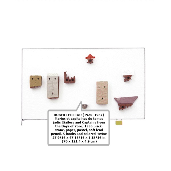 ROBERT FILLIOU (1926–1987)
Marins et capitaines du temps 
jadis [Sailors and Captains from 
the Days of Yore] 1980 brick, 
stone, paper, pastel, soft lead 
pencil, S-hooks and colored  twine 
27 9/16 x 47 13/16 x 1 15/16 in
 (70 x 121.4 x 4.9 cm)