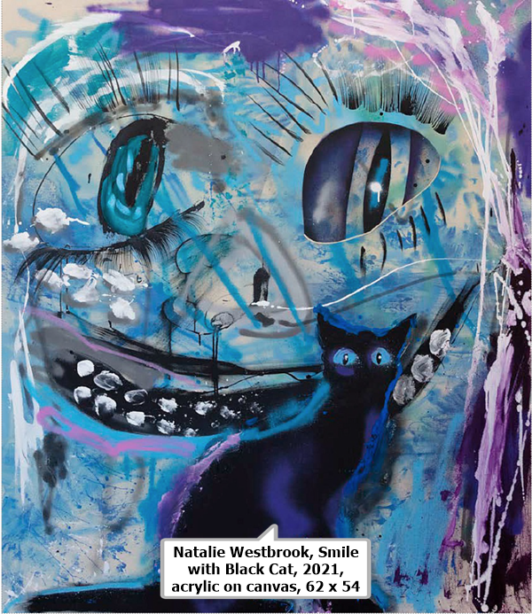 click to enlarge- double click to reduce Natalie Westbrook, Smile with Black Cat, 2021, acrylic on canvas, 62 x 54