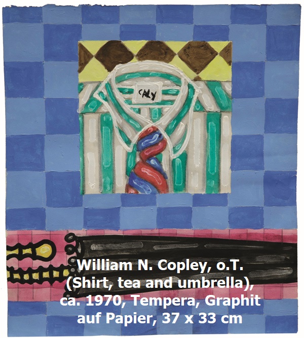 click to enlarge- double click to reduce William N. Copley, o.T. (Shirt, tea and umbrella), ca. 1970, Tempera, Graphit auf Papier, 37 x 33 cm