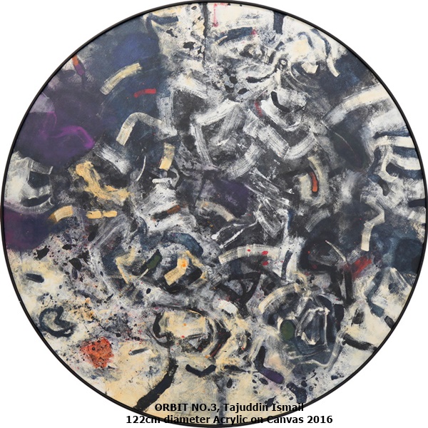 click to enlarge- double click to reduce ORBIT NO.3
Tajuddin Ismail
122cm diameter
Acrylic on Canvas
2016