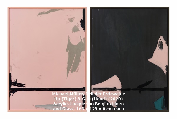 click to enlarge- double click to reduce Galerie du Monde, Hong Kong, Michael Müller, Teil der Erdzweige Hŭ (Tiger) & Gŏu (Hand) (2020)
Acrylic, Lacquer on Belgian Linen and Glass, 165 x 125 x 6 cm each
