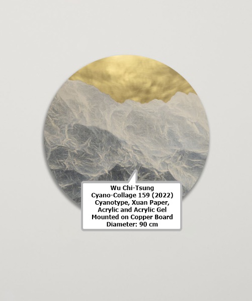 Wu Chi-Tsung
Cyano-Collage 159 (2022)
Cyanotype, Xuan Paper, Acrylic and Acrylic Gel Mounted on Copper Board
Diameter: 90 cm