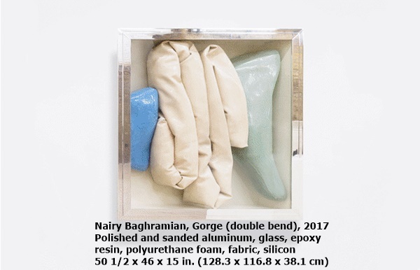 Nairy Baghramian
Gorge (double bend), 2017
Polished and sanded aluminum, glass, epoxy resin, polyurethane foam, fabric, silicon
50 1/2 x 46 x 15 in. (128.3 x 116.8 x 38.1 cm)
