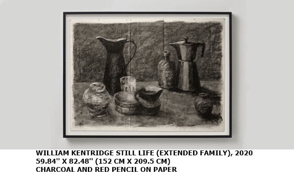 WILLIAM KENTRIDGE
STILL LIFE (EXTENDED FAMILY), 2020
59.84'' X 82.48'' (152 CM X 209.5 CM)
CHARCOAL AND RED PENCIL ON PAPER
