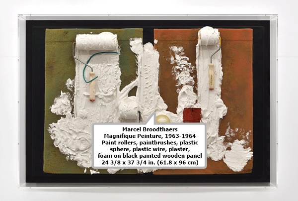 Marcel Broodthaers
Magnifique Peinture, 1963-1964
Paint rollers, paintbrushes, plastic sphere, plastic wire, plaster, foam on black painted wooden panel
24 3/8 x 37 3/4 in. (61.8 x 96 cm)