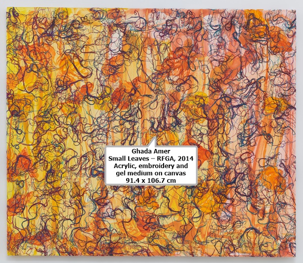 Ghada Amer
Small Leaves – RFGA, 2014
Acrylic, embroidery and gel medium on canvas
91.4 x 106.7 cm