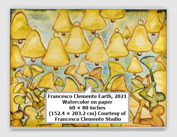 click to enlarge- double click to reduce Francesco Clemente Earth, 2021 Watercolor on paper 60 × 80 inches (152.4 × 203.2 cm) Courtesy of Francesco Clemente Studio