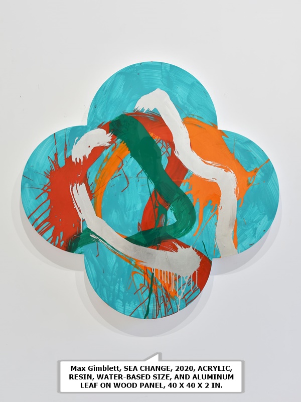 click to enlarge- double click to reduce Max Gimblett, SEA CHANGE, 2020, ACRYLIC, RESIN, WATER-BASED SIZE, AND ALUMINUM LEAF ON WOOD PANEL, 40 X 40 X 2 IN.