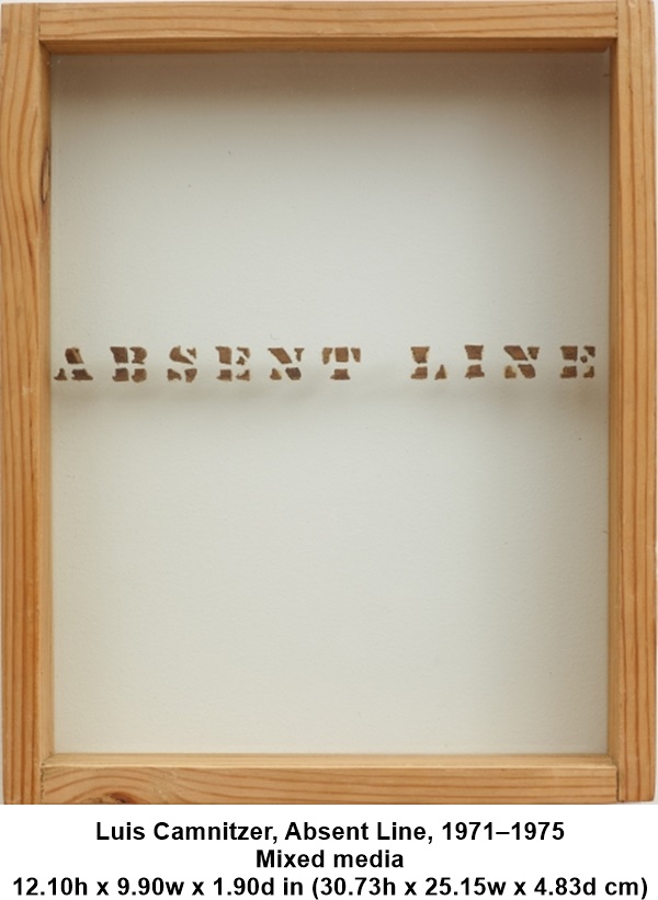 Luis Camnitzer, Absent Line, 1971–1975
Mixed media
12.10h x 9.90w x 1.90d in (30.73h x 25.15w x 4.83d cm)