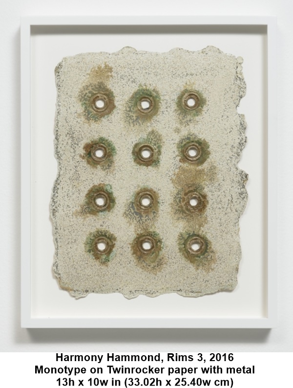 Harmony Hammond, Rims 3, 2016
Monotype on Twinrocker paper with metal
13h x 10w in (33.02h x 25.40w cm)