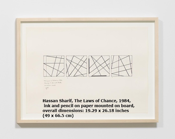 click to enlarge- double click to reduce Hassan Sharif, The Laws of Chance, 1984, ink and pencil on paper mounted on board, overall dimensions: 19.29 x 26.18 inches (49 x 66.5 cm)