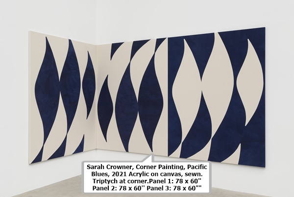click to enlarge- double click to reduce Sarah Crowner, Corner Painting, Pacific Blues, 2021
Acrylic on canvas, sewn. Triptych at corner.
Panel 1: 78 x 60'' Panel 2: 78 x 60'' Panel 3: 78 x 60