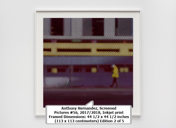 click to enlarge- double click to reduce Anthony Hernandez, Screened Pictures #56, 2017/2018, Inkjet print
Framed Dimensions: 44 1/2 x 44 1/2 inches (113 x 113 centimeters)
Edition 2 of 5