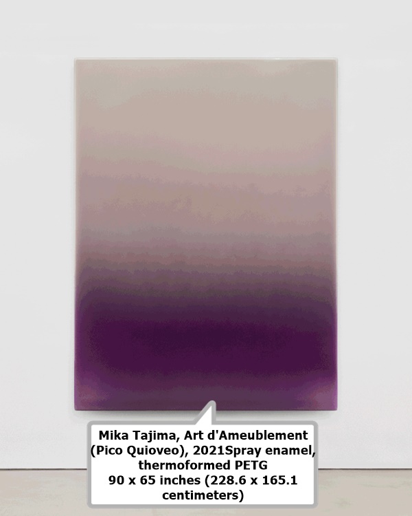 click to enlarge- double click to reduce Mika Tajima, Art d'Ameublement
(Pico Quioveo), 2021Spray enamel,
thermoformed PETG
90 x 65 inches (228.6 x 165.1
centimeters)