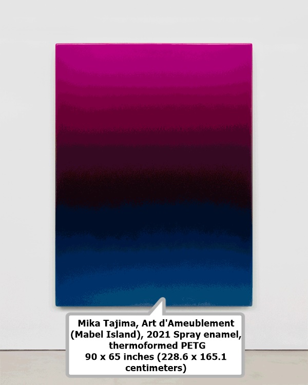 click to enlarge- double click to reduce Mika Tajima, Art d'Ameublement
(Mabel Island), 2021 Spray enamel,
thermoformed PETG
90 x 65 inches (228.6 x 165.1
centimeters)