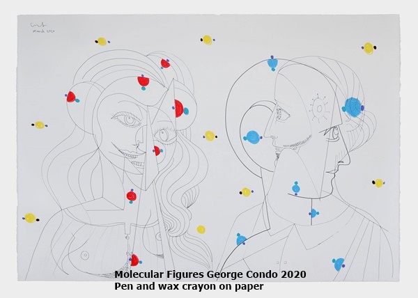 click to enlarge- double click to reduce Molecular Figures George Condo 2020
Pen and wax crayon on paper