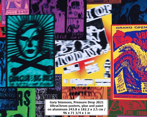 click to enlarge- double click to reduce Gary Simmons
Pressure Drop
2021
UltraChrom posters, glue and paint on aluminum
243.8 x 182.2 x 2.5 cm /
96 x 71 3/4 x 1 in