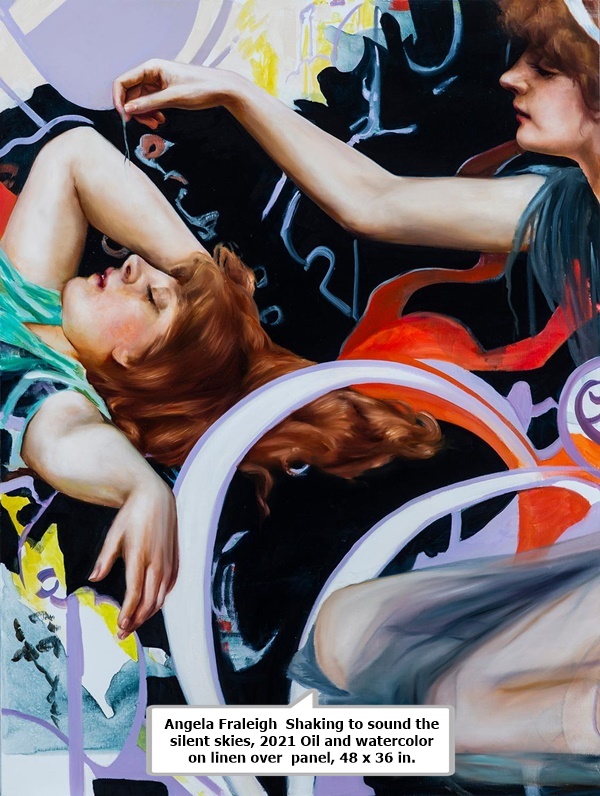click to enlarge- double click to reduce Angela Fraleigh Shaking to sound the silent skies, 2021 Oil and watercolor on linen over panel, 48 x 36 in.